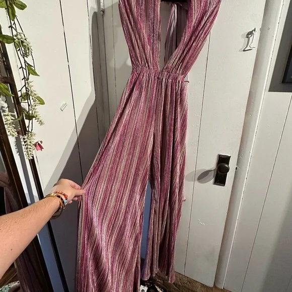 AKIRA Pink and GOLD Striped IRIDESCENT JUMPSUIT ROMPER - Picture 2 of 8